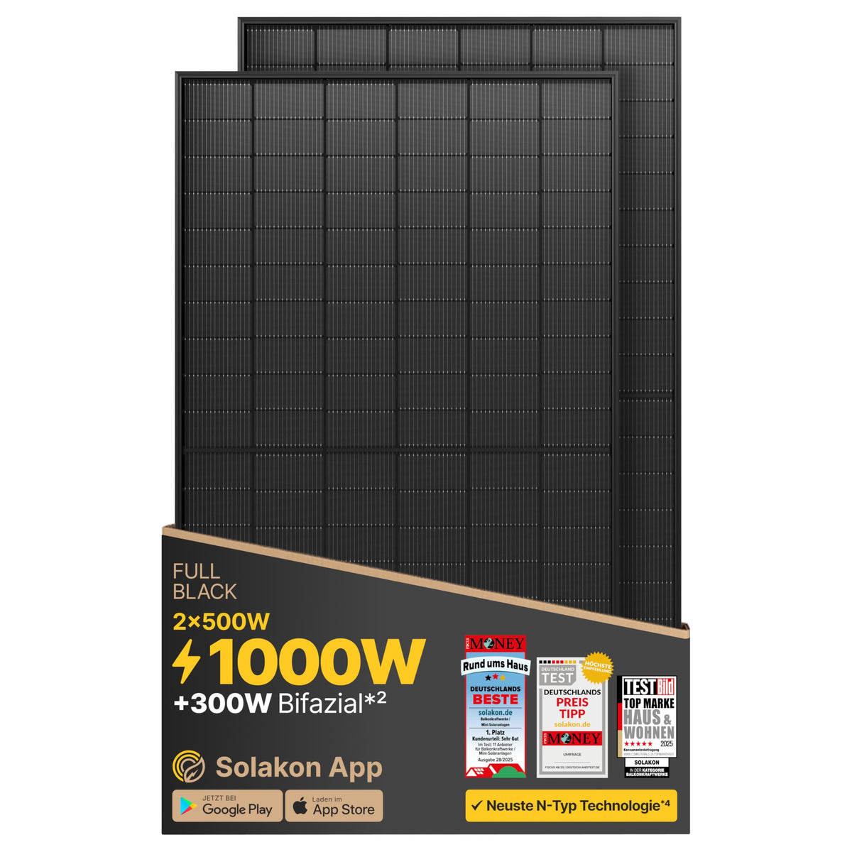 Solakon 500W Bifazial Glas-Glas Solarmodul | N-Type Full Black | 4er Set (2000W Gesamt)