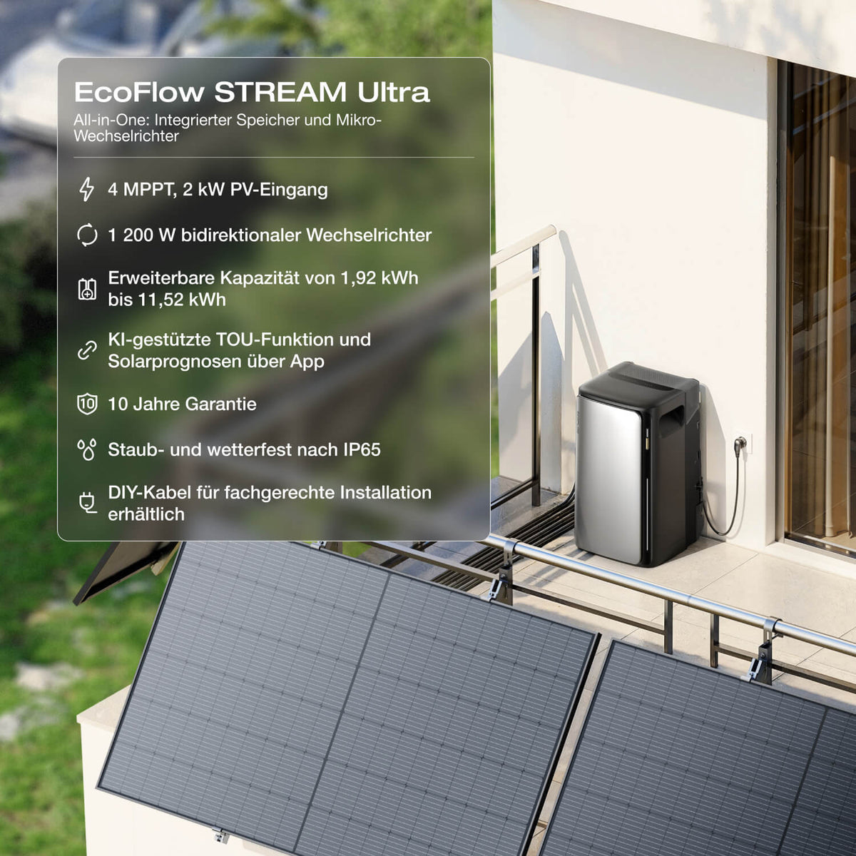EcoFlow STREAM Ultra Balkonkraftwerk 1800W | 1,92kWh Speicher | Inkl. 4x 450W Solarpanels