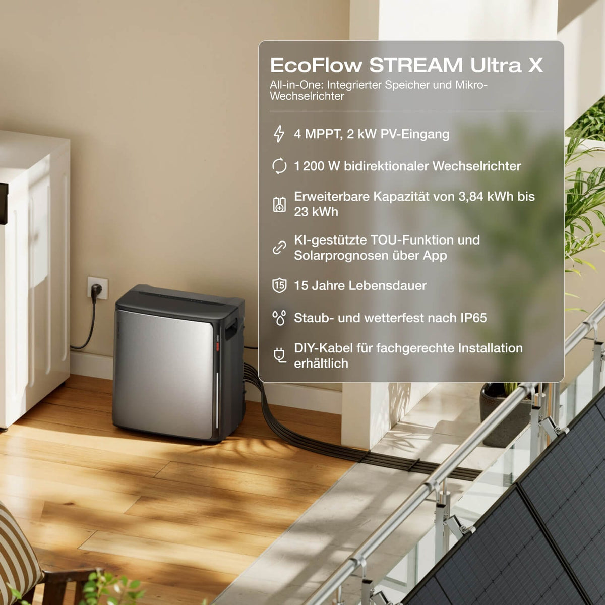 EcoFlow STREAM Ultra X Balkonkraftwerk | 3,84kWh Speicher | Inkl. 4x 450W Solarpanels